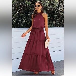 PRETTYGARDEN Women’s Halter Neck Sleeveless Long Maxi Burgundy Dress NWT Size S